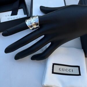 GUCCI Sterling Silver Wide Dome Ring Engraved Logo Statement Ring Size 7